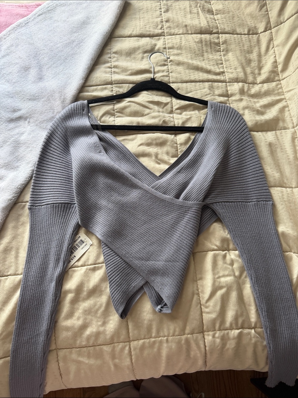 Mystique Boutique Light Gray Ribbed Wrap V-Neck Sweater